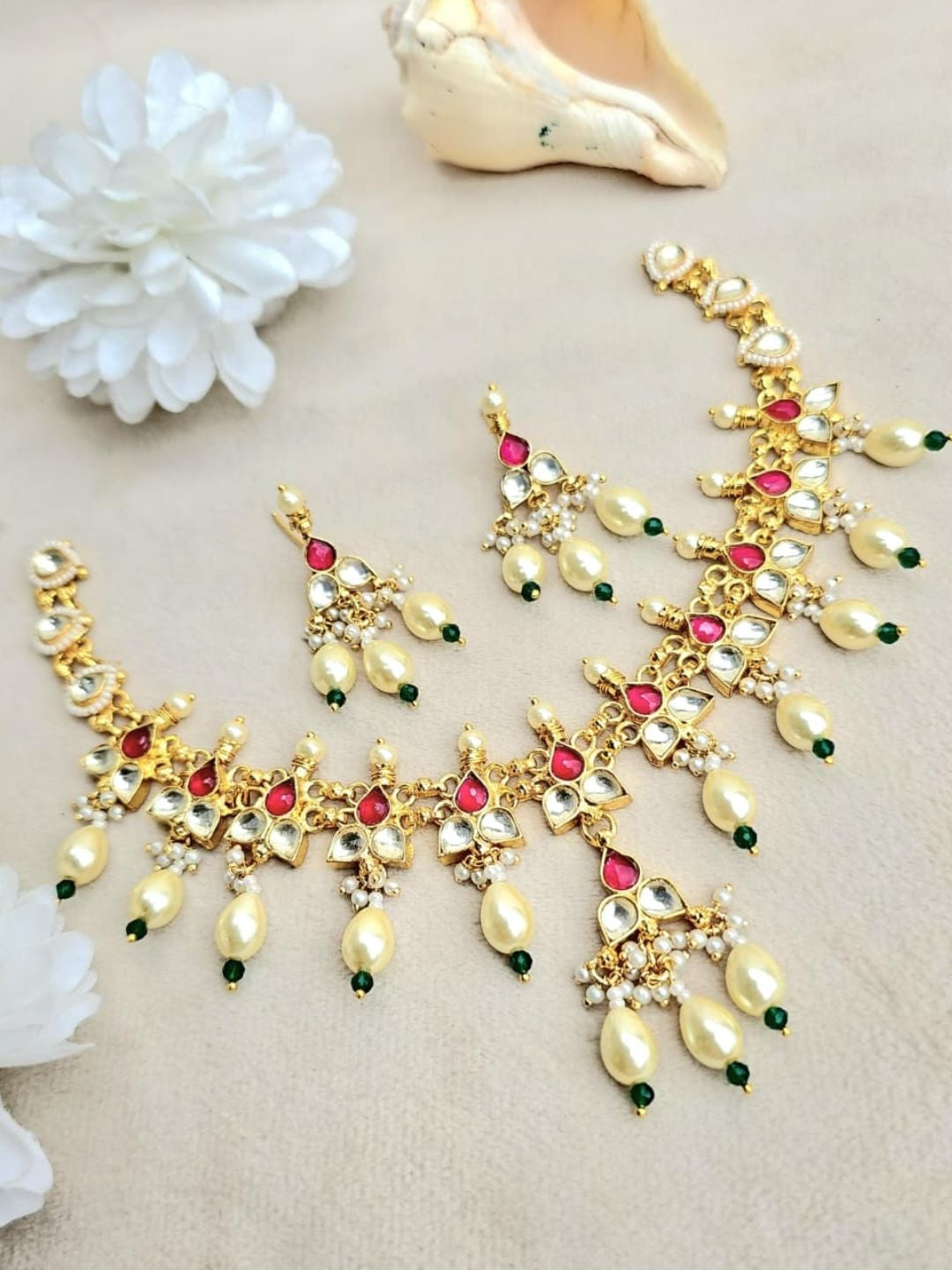 Ishhaara Ruby Green Kundan Necklace Set - handcrafted Indian jewellery