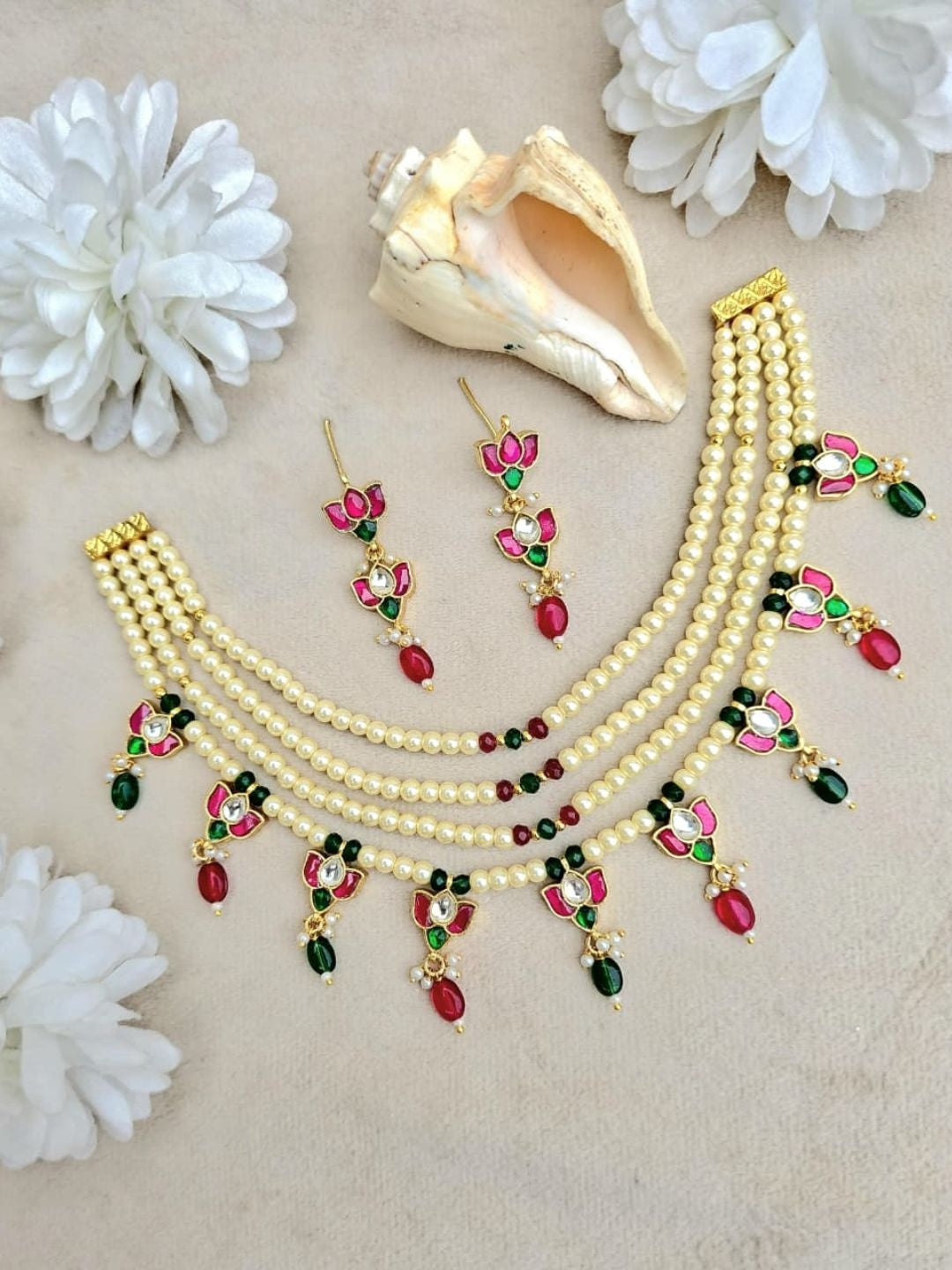 Ishhaara Ruby Green Pearl Choker Necklace Set - handcrafted Indian jewellery