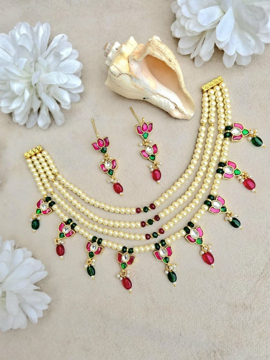 Ishhaara Ruby Green Pearl Choker Necklace Set - handcrafted Indian jewellery