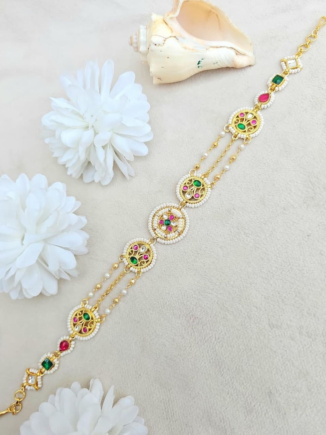 Ishhaara Ruby Green Pearl Mathapatti - handcrafted Indian jewellery