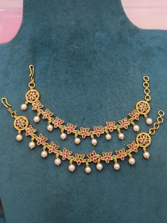 Ishhaara Ruby Lotus Pearl Drop Ear Chains