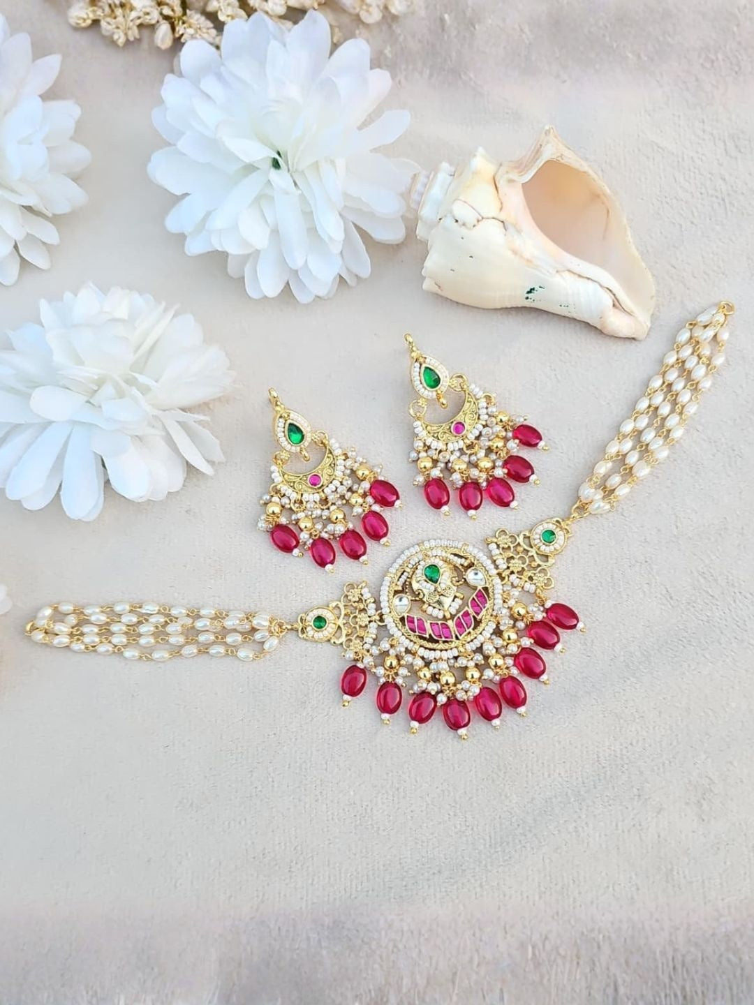 Ishhaara Ruby Pink Kundan Choker Necklace Set - handcrafted Indian jewellery