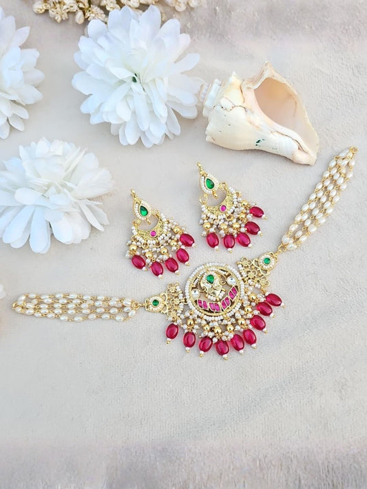 Ishhaara Ruby Pink Kundan Choker Necklace Set - handcrafted Indian jewellery