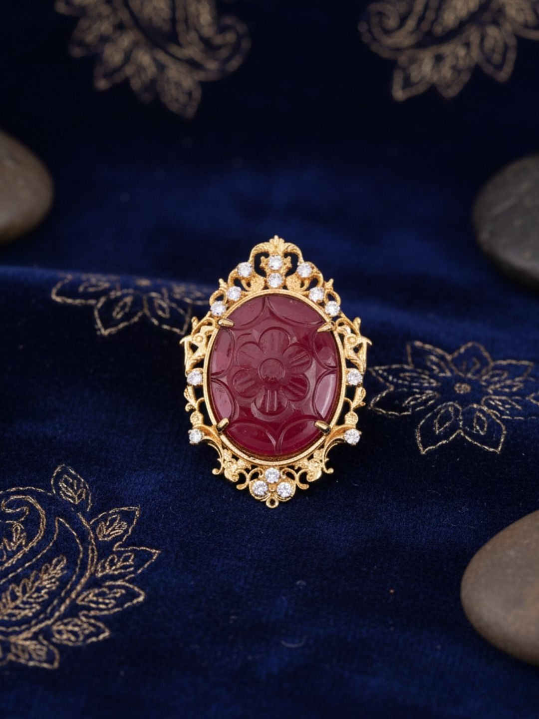 Ishhaara Ruby Red Carved Quartz Brooch