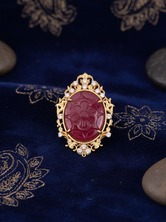 Ishhaara Ruby Red Carved Quartz Brooch