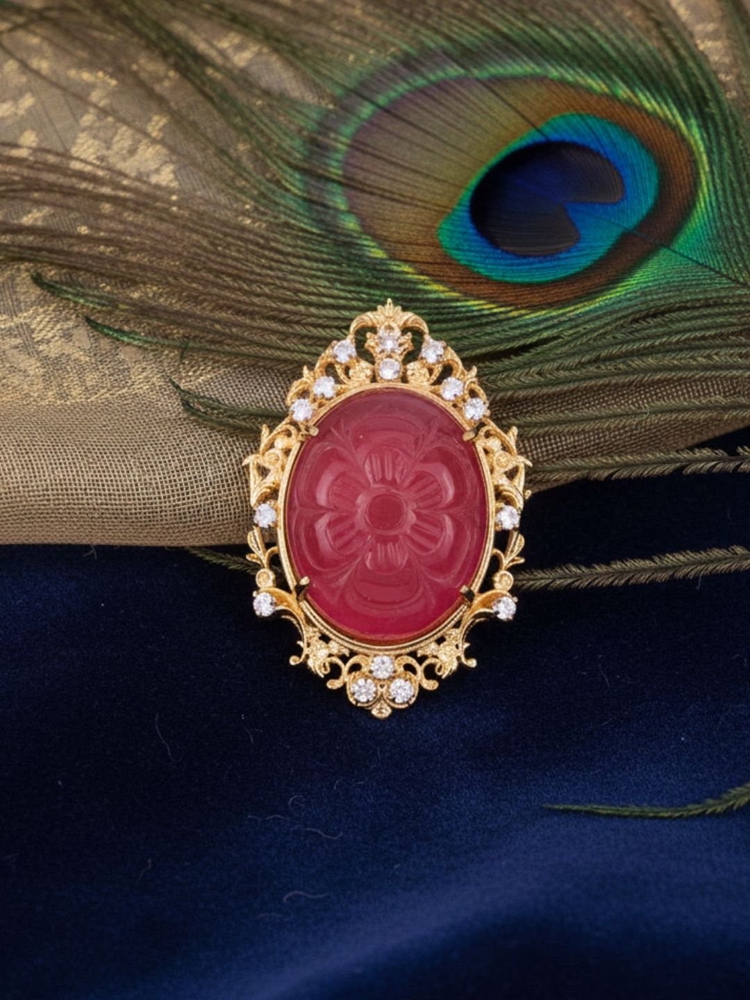 Ishhaara Ruby Red Carved Quartz Brooch