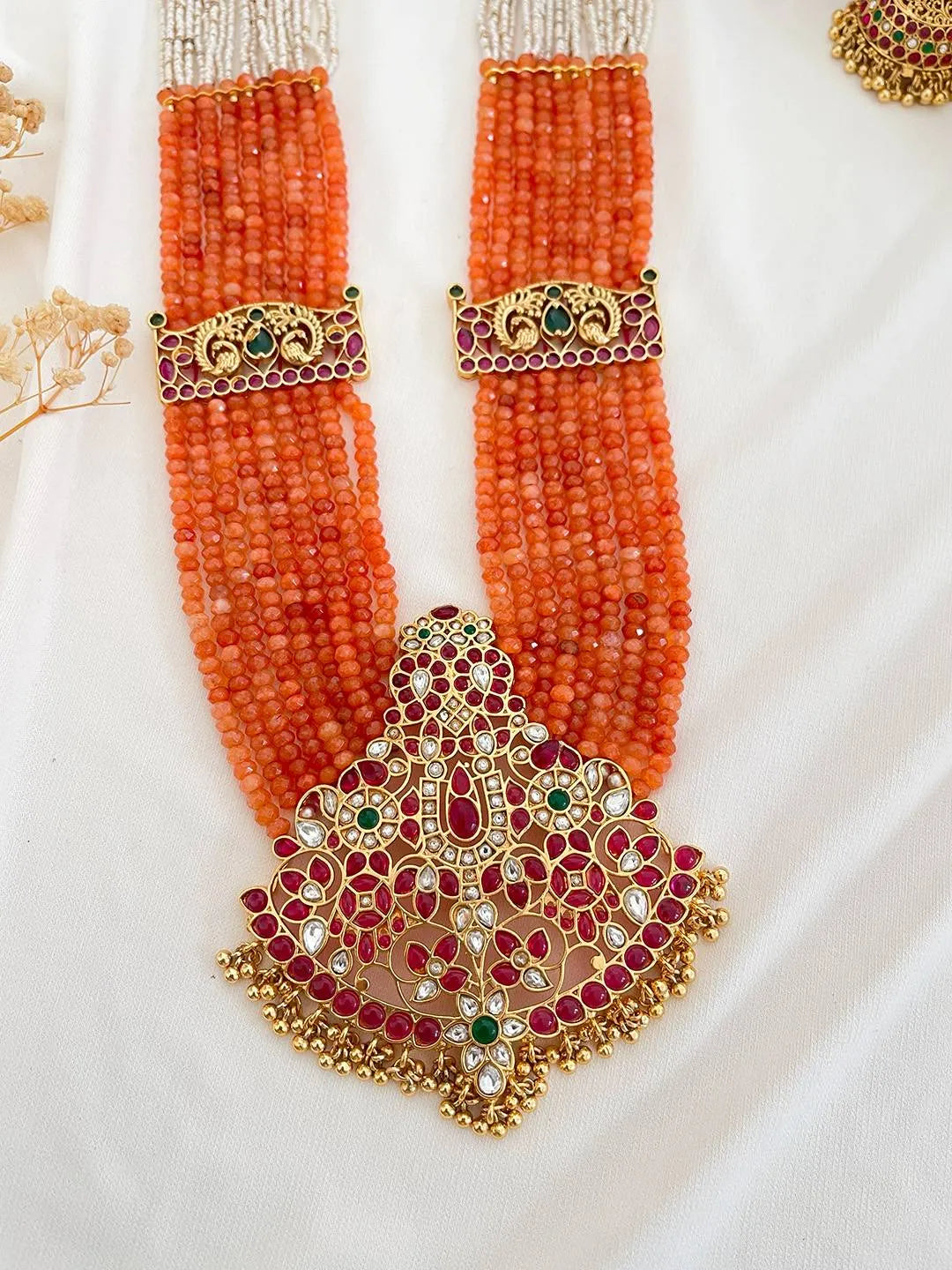 Ishhaara Ruby Stone Studded Layered Long Temple Necklace