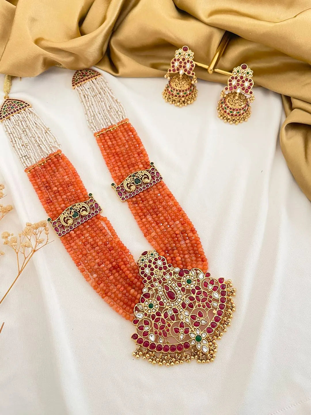 Ishhaara Ruby Stone Studded Layered Long Temple Necklace