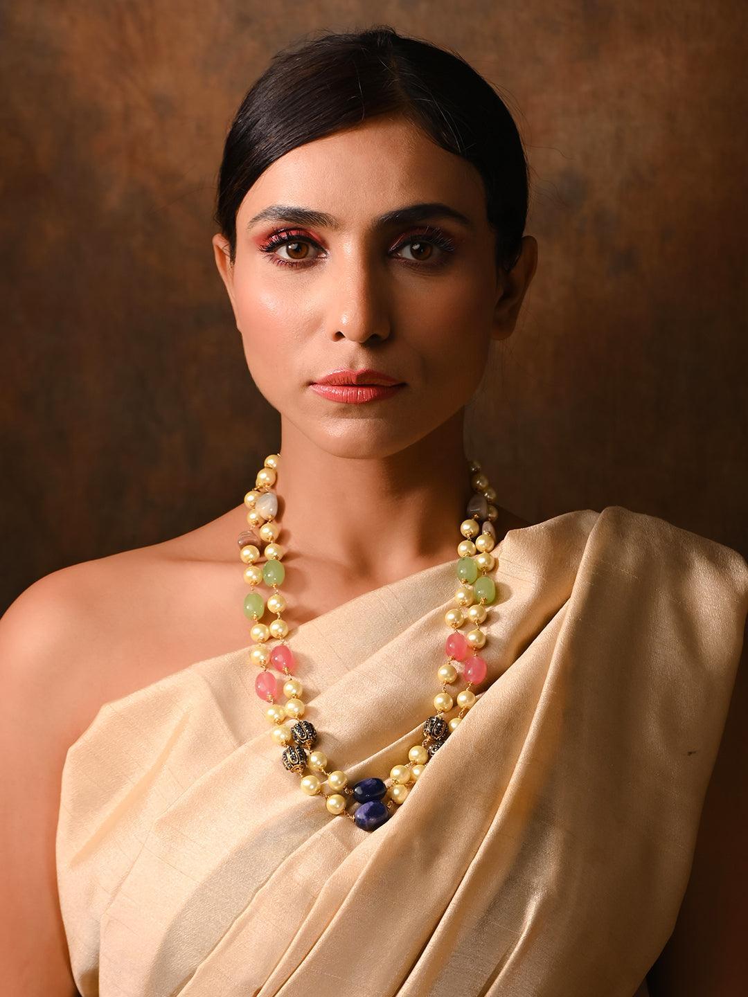 Ishhaara Semi Precious And Shell Peal Double Layered Haar