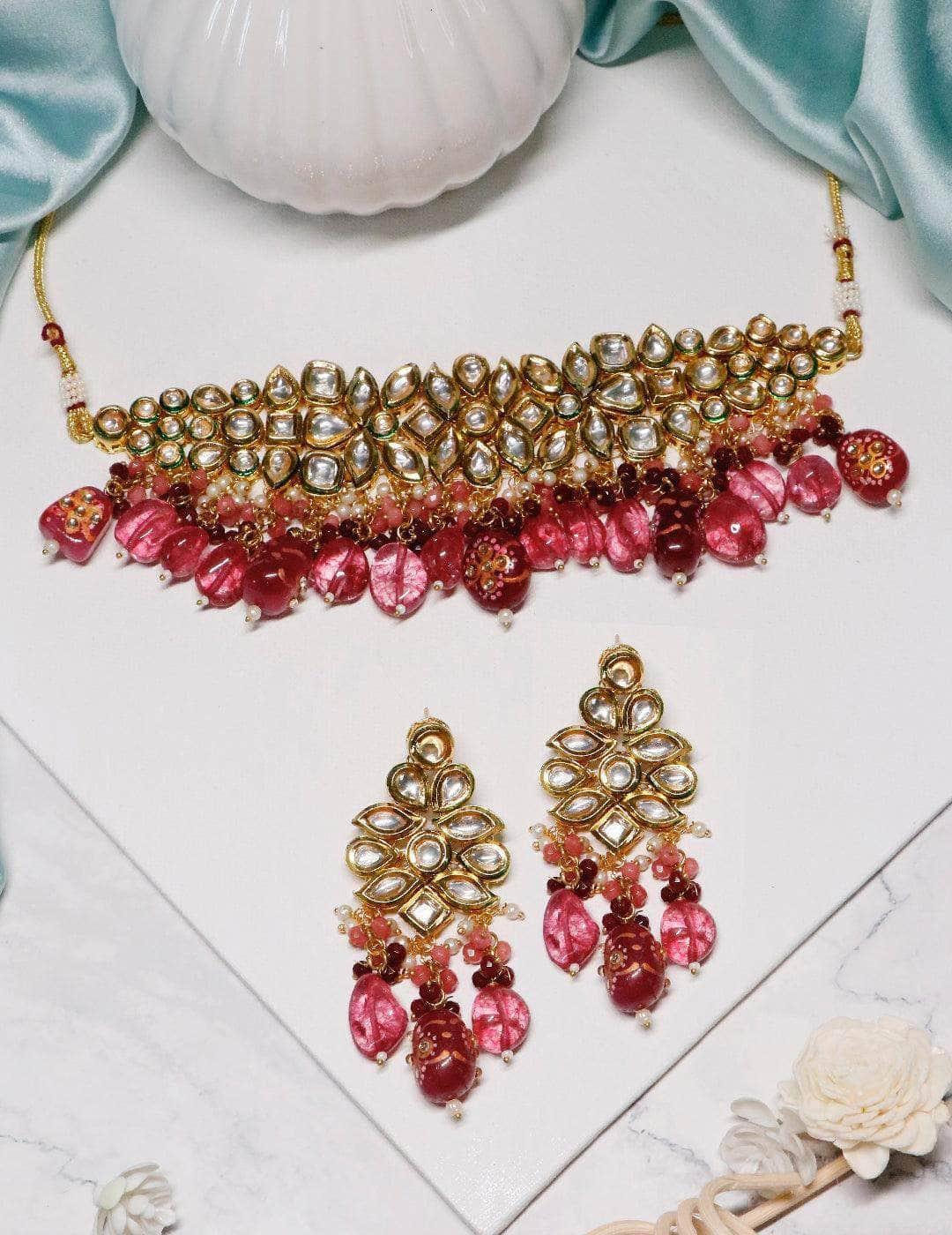 Ishhaara Semi Precious Center Stone Choker And Earring Set