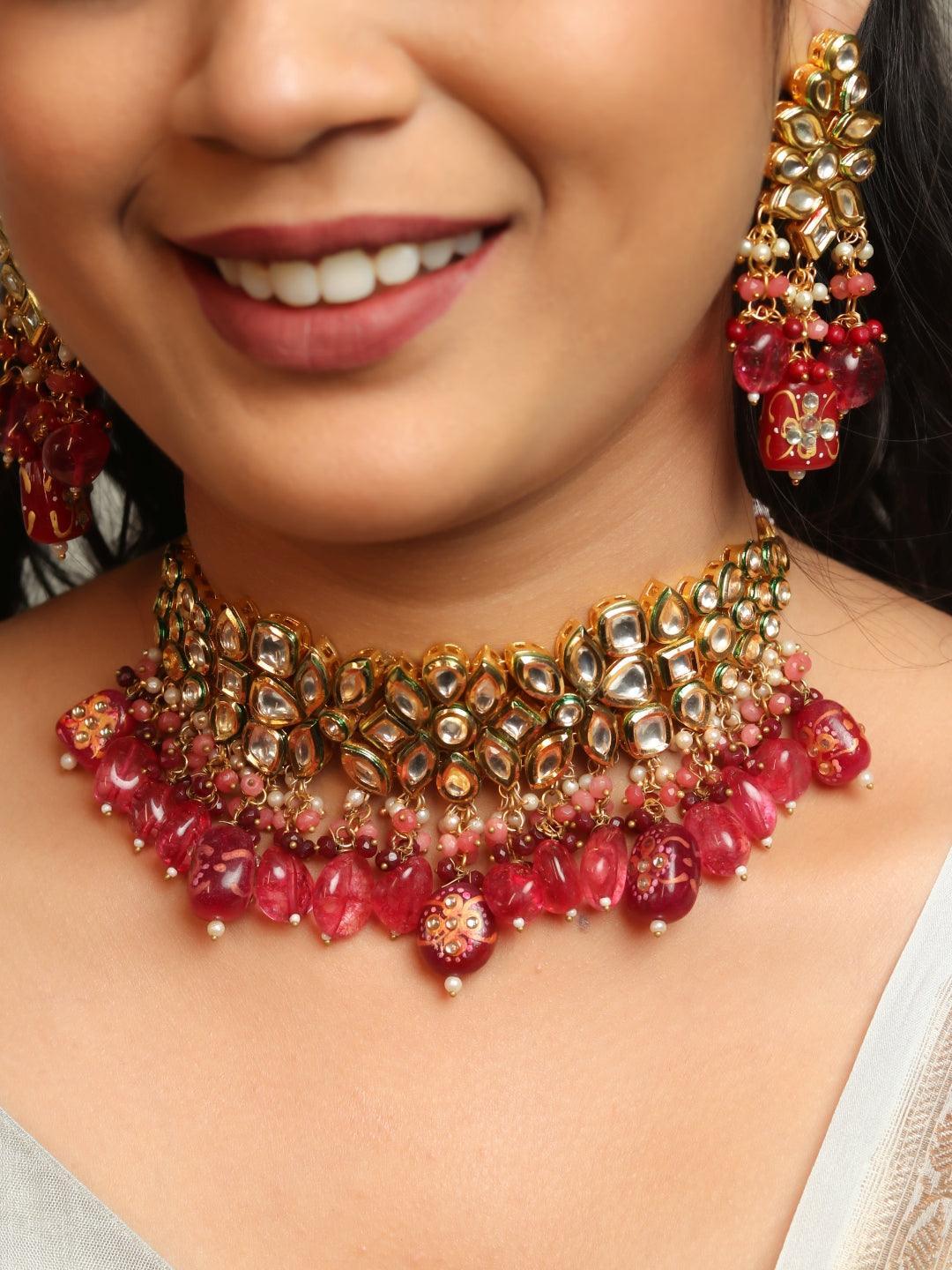 Ishhaara Semi Precious Center Stone Choker And Earring Set