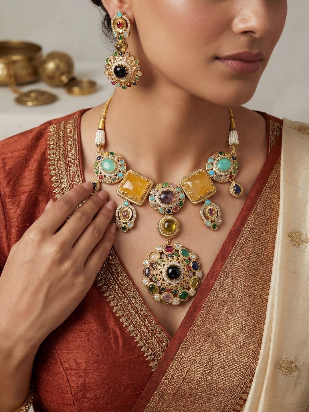 Ishhaara Semi Precious Stone Studded Neckalce Set