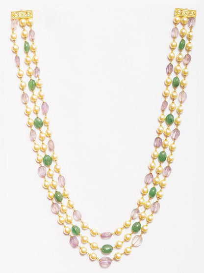 Ishhaara Semi Preciouse And Shell Pearl Triple Layered Haar