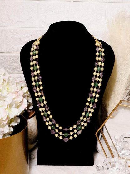 Ishhaara Semi Preciouse And Shell Pearl Triple Layered Haar