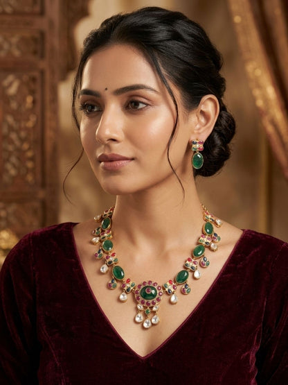 Ishhaara Semiprecious Stone Jadau Kundan Necklace