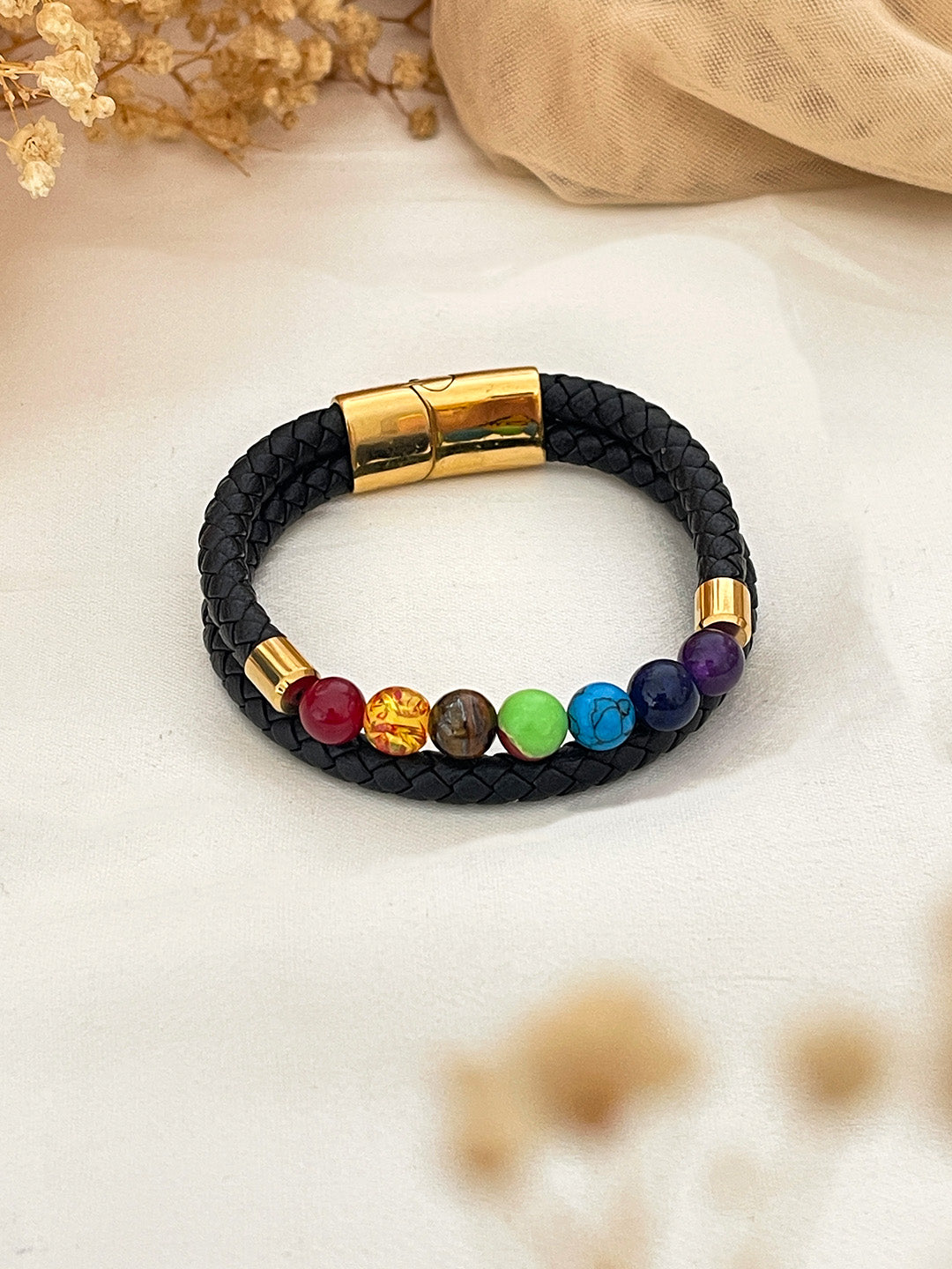 Ishhaara Seven Chakra Studded Leather Bracelet