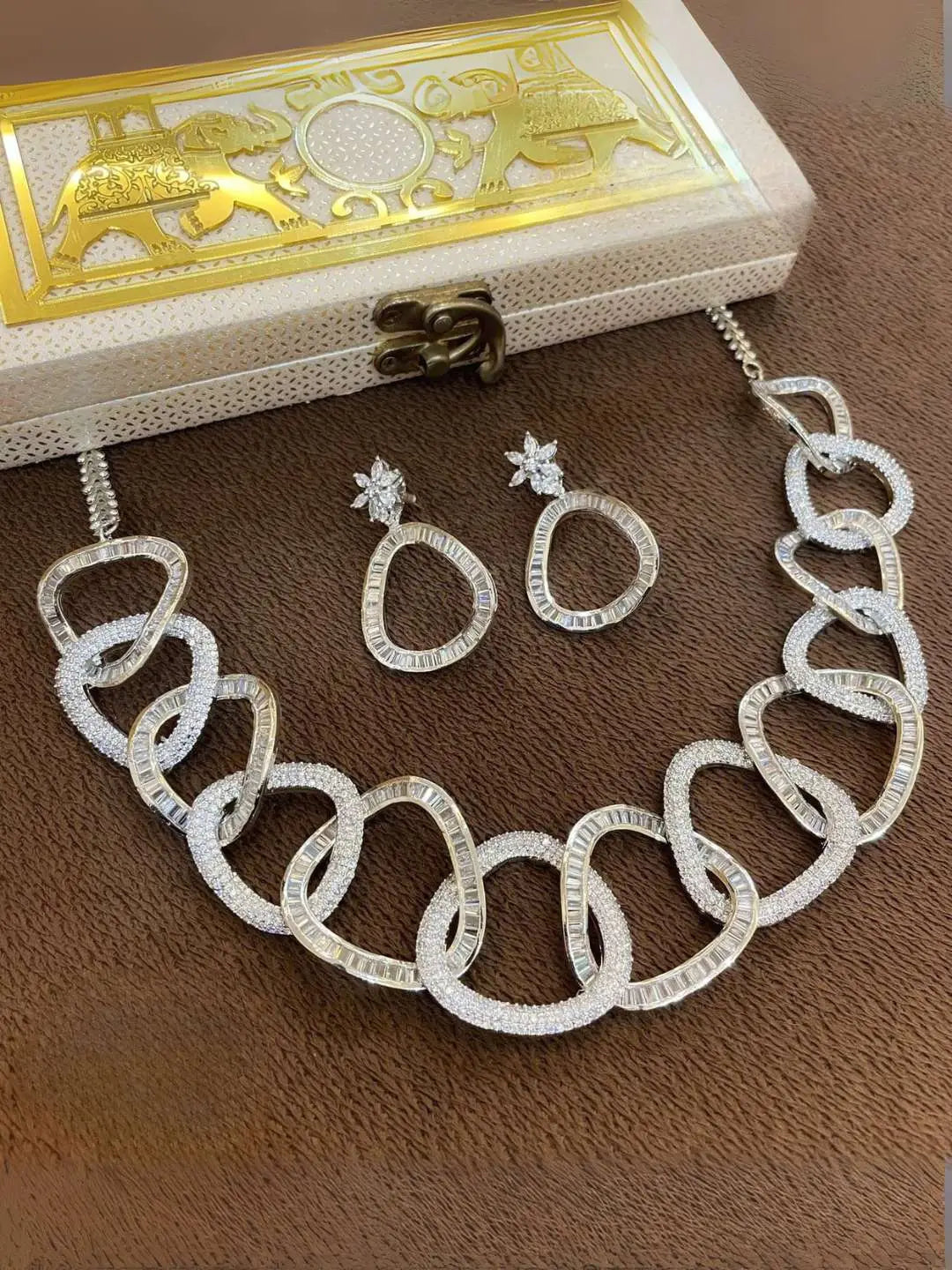 Ishhaara Green American Diamond Exquisite Necklace Set With Earrings