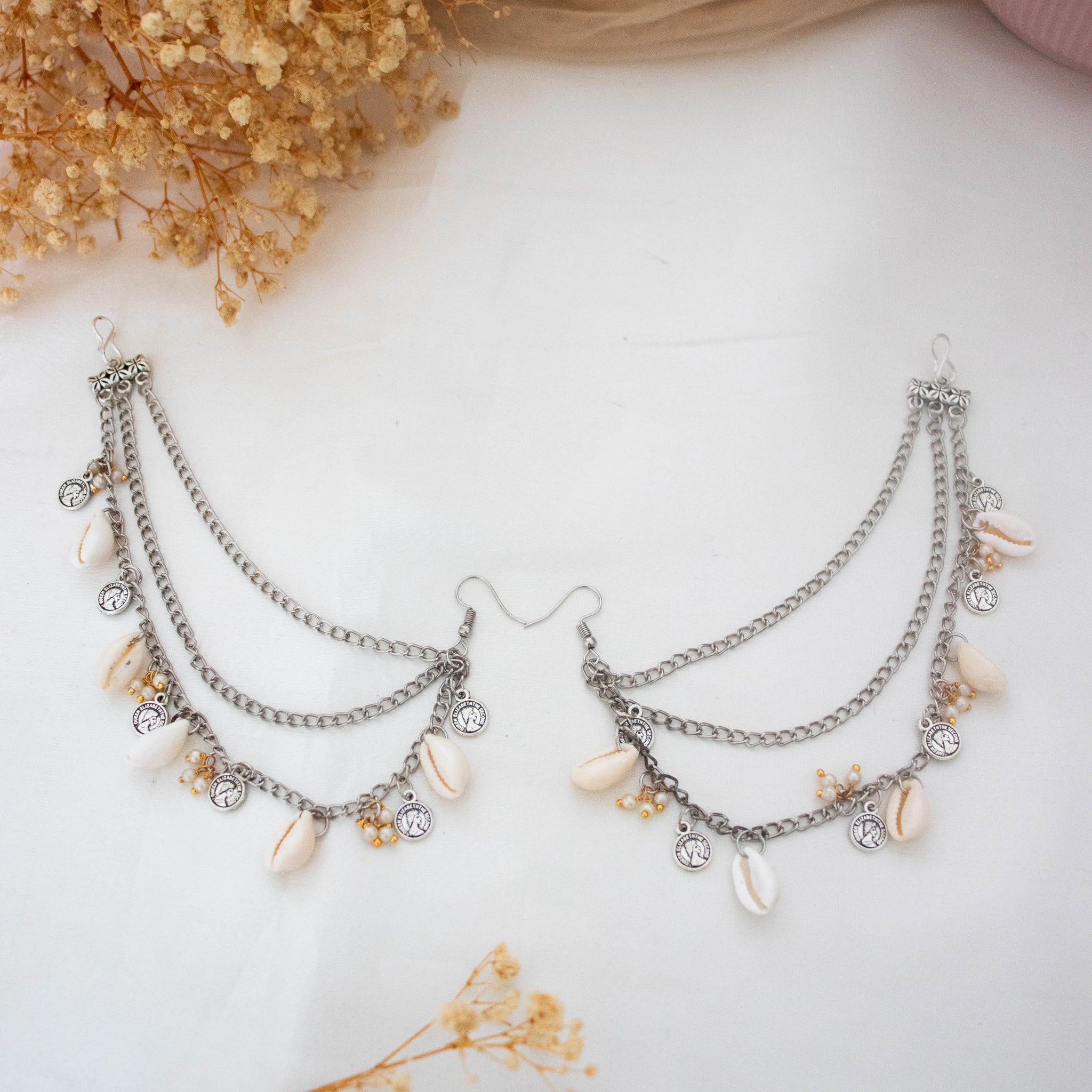 Ishhaara Silver And White Couri Sell 3 Layer Ear Chain