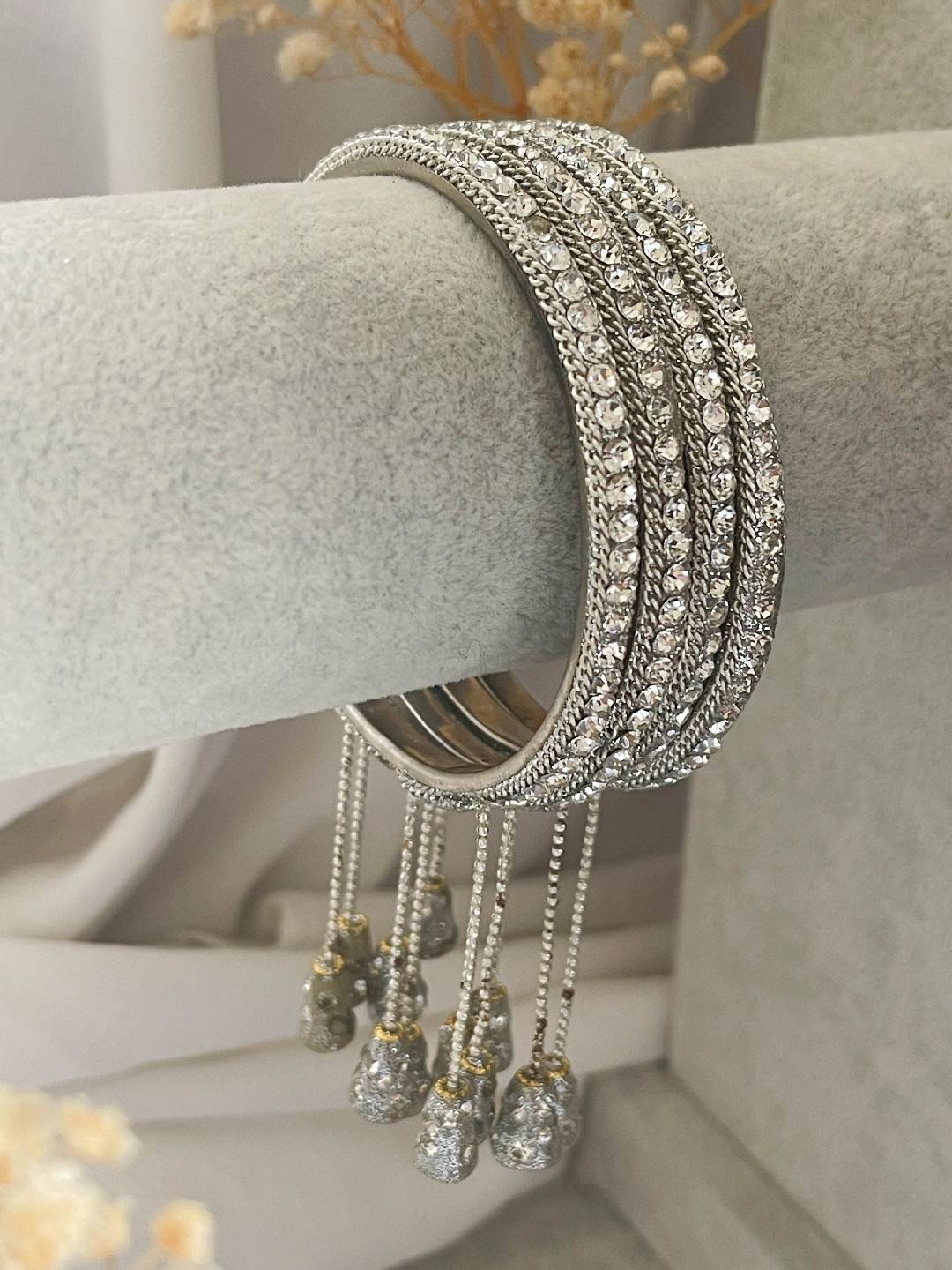 Ishhaara Silver Antique Gold Stone Bangles With Latkan