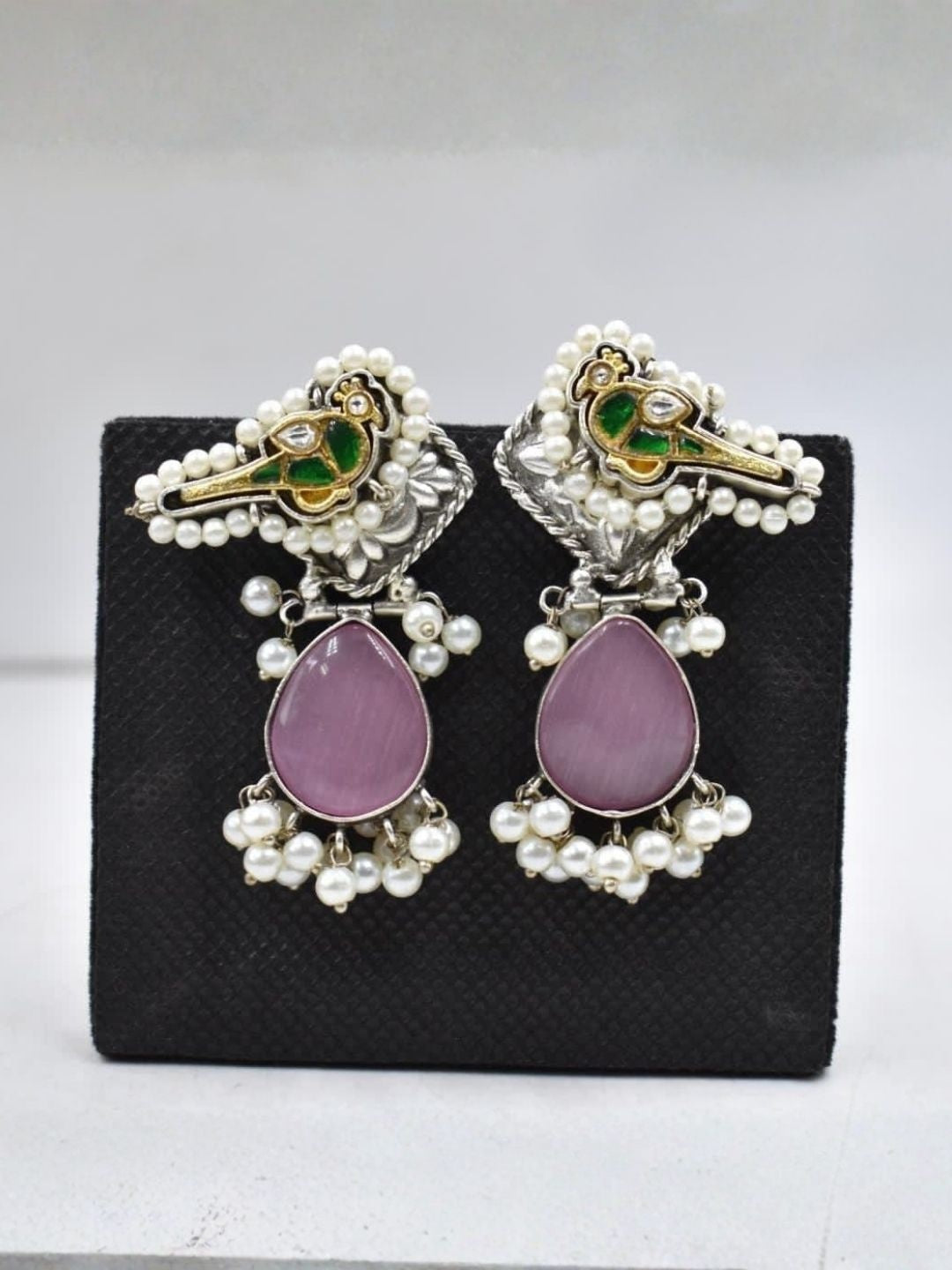 Silver Bird Motif Drop Earrings with Mauve Stone & Pearl Cluster