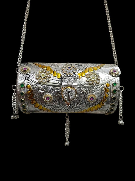 Ishhaara Silver Carved Boho Drum Purse