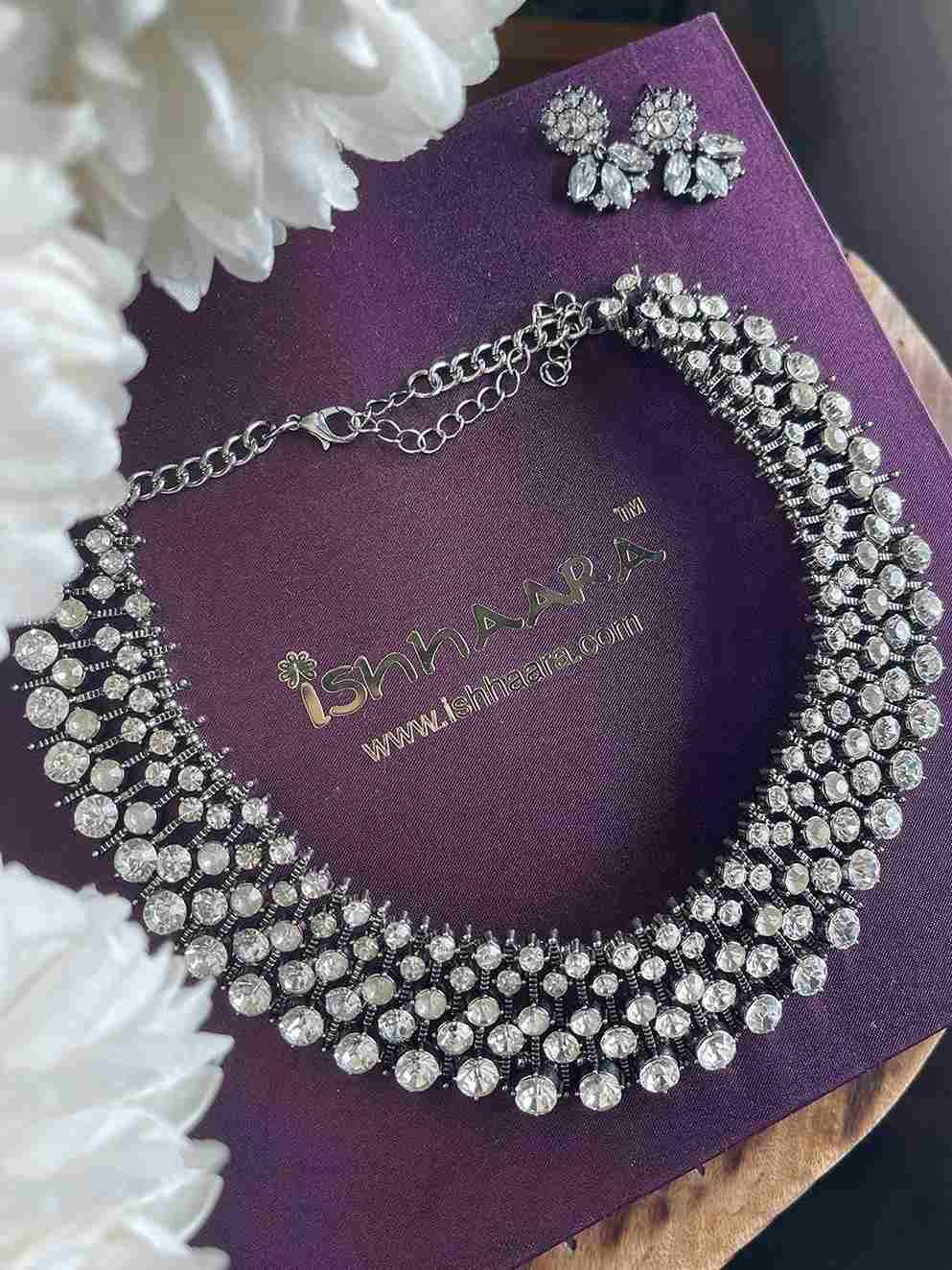 Ishhaara Silver Diamond Choker With Earrings