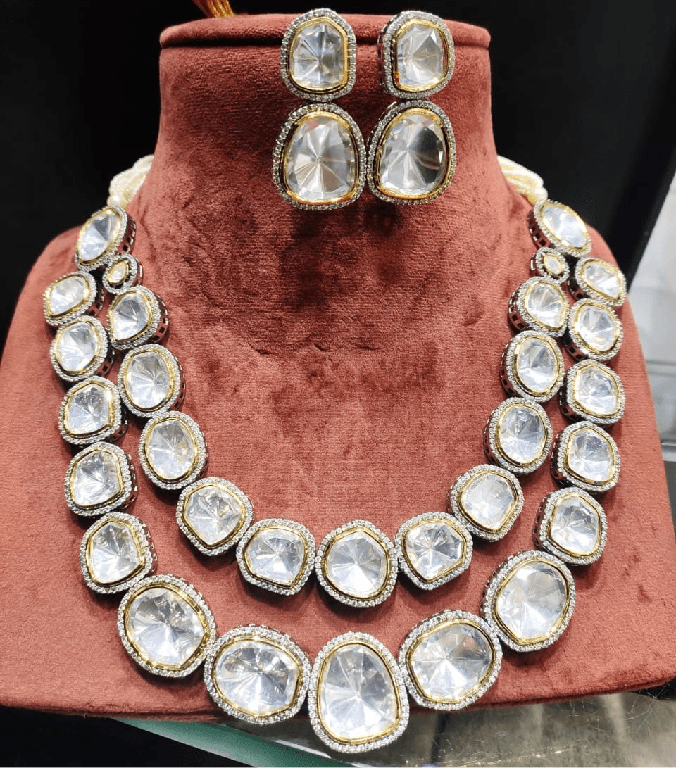 Ishhaara Silver Double Layered Polki AD Necklace Set