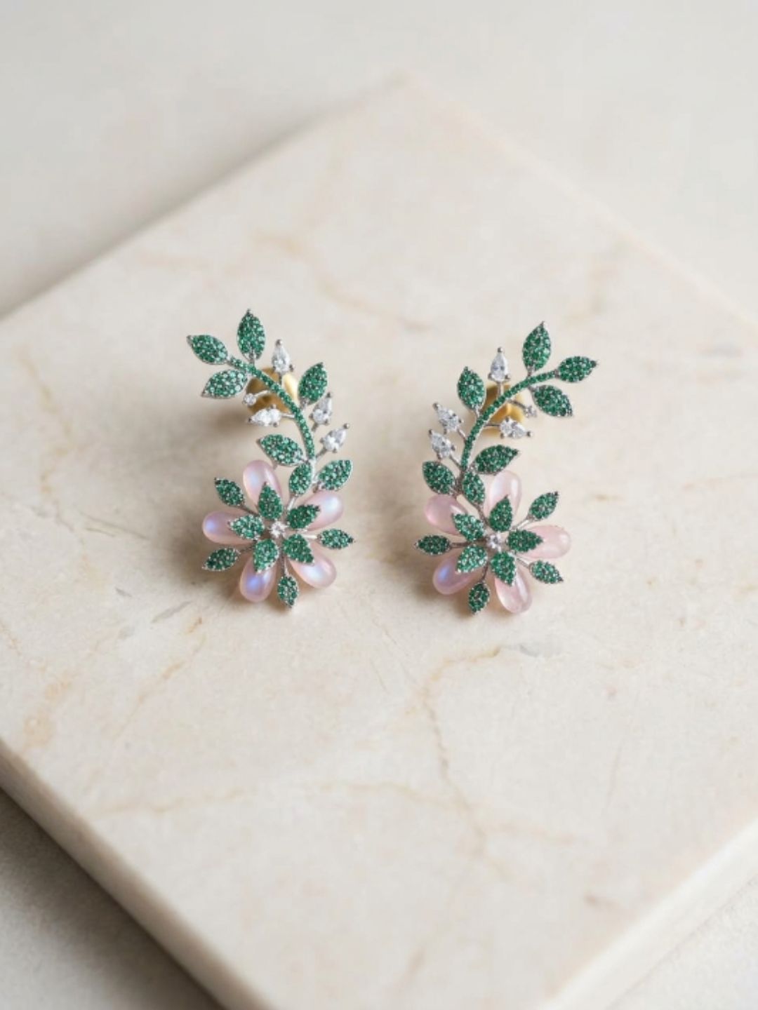 Ishhaara Silver Floral Ad Stone Earrings