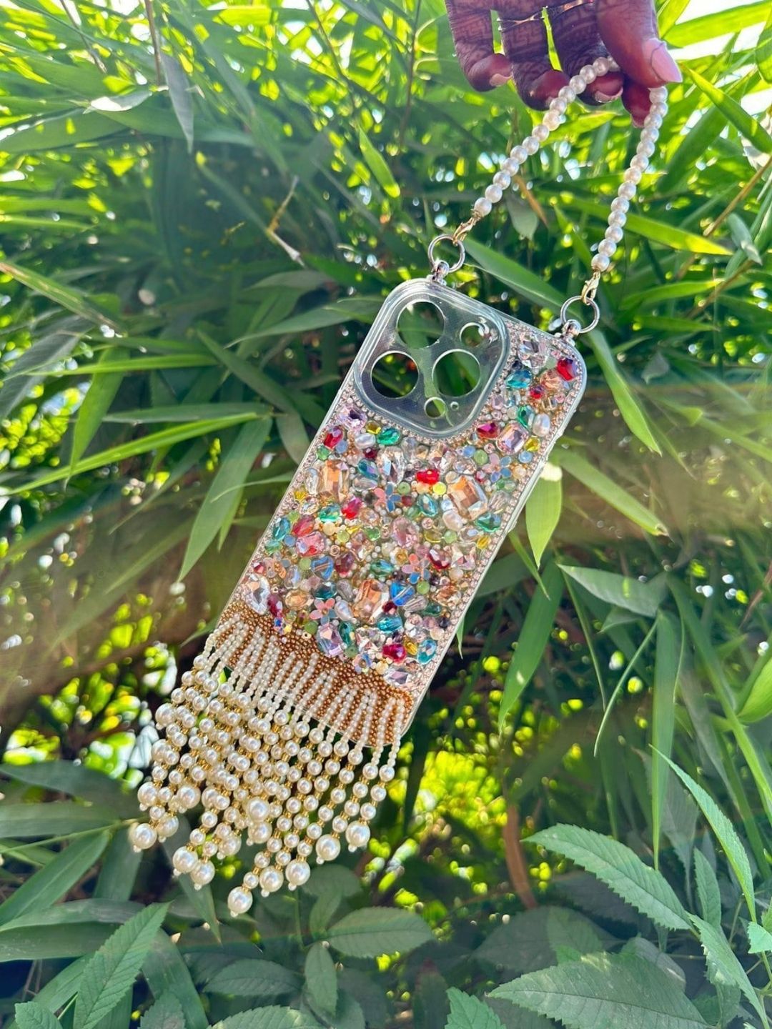 Ishhaara Silver Handmade Wedding Phone Case With Pearl Hangings