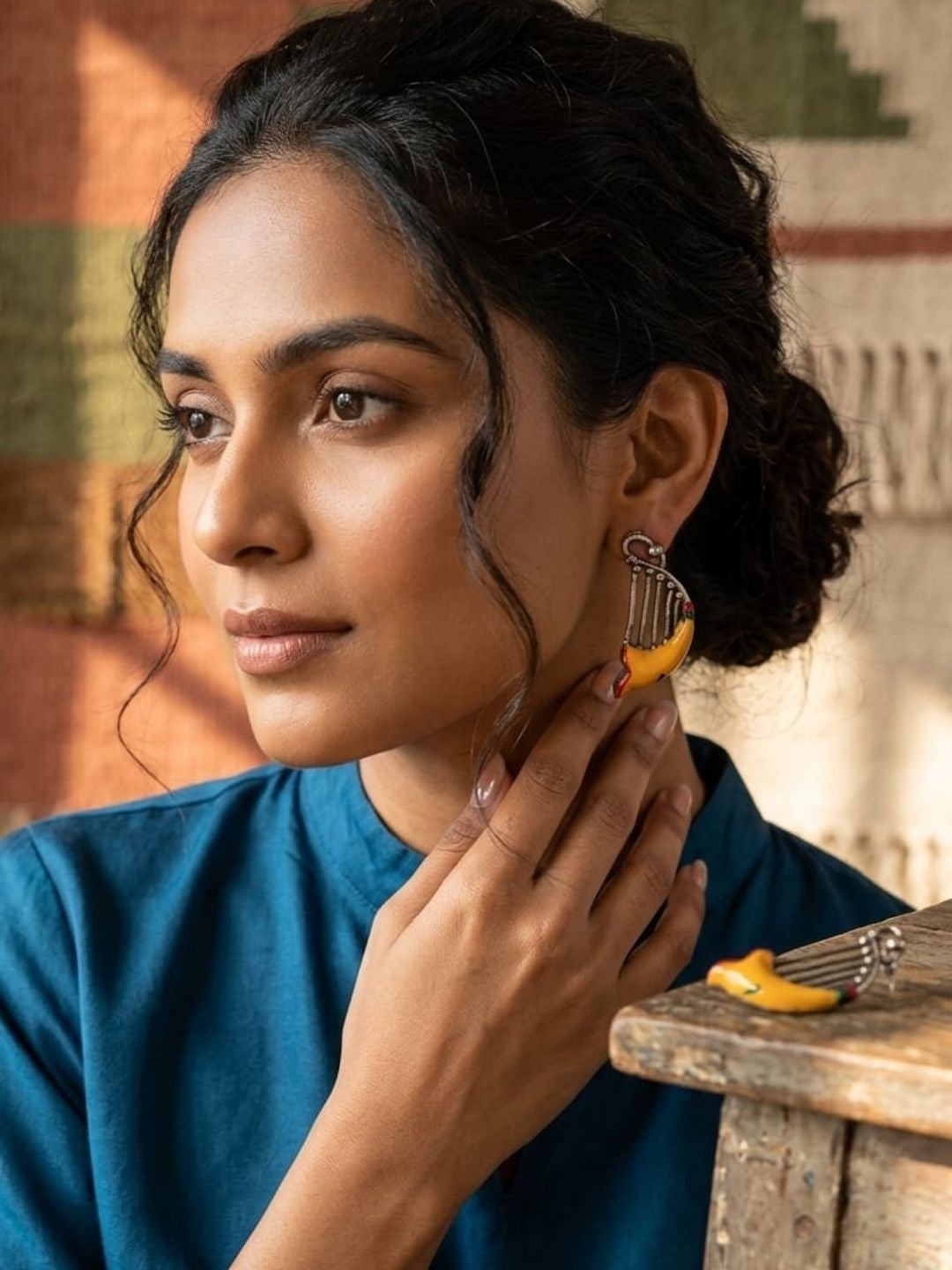 Silver Harp Stud Earrings with Yellow-Orange Enamel Chili Accent