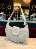 Ishhaara Silver Kasturi Pearls Studded Diamond Crystal Flap Clutch