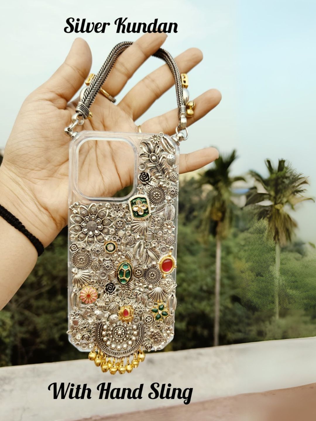 Ishhaara Silver Kundan Handmade Wedding Phone Case With Hand Sling