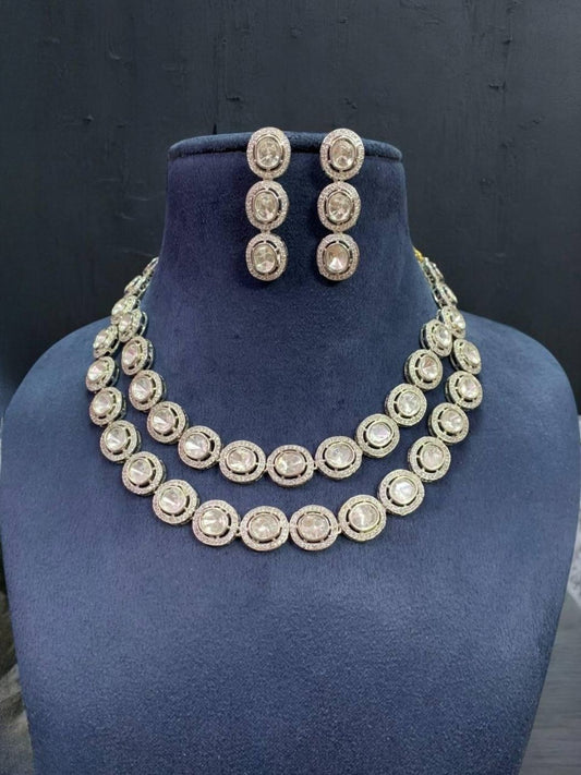 Ishhaara Silver Kundan Polki Double Line Necklace Set