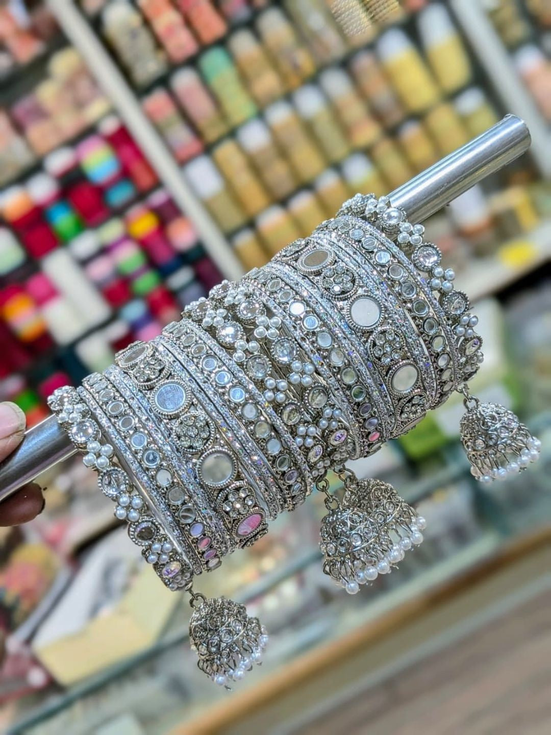 Ishhaara Silver Oxidised Mirror Jhumka Bangles Set - handcrafted Indian jewellery