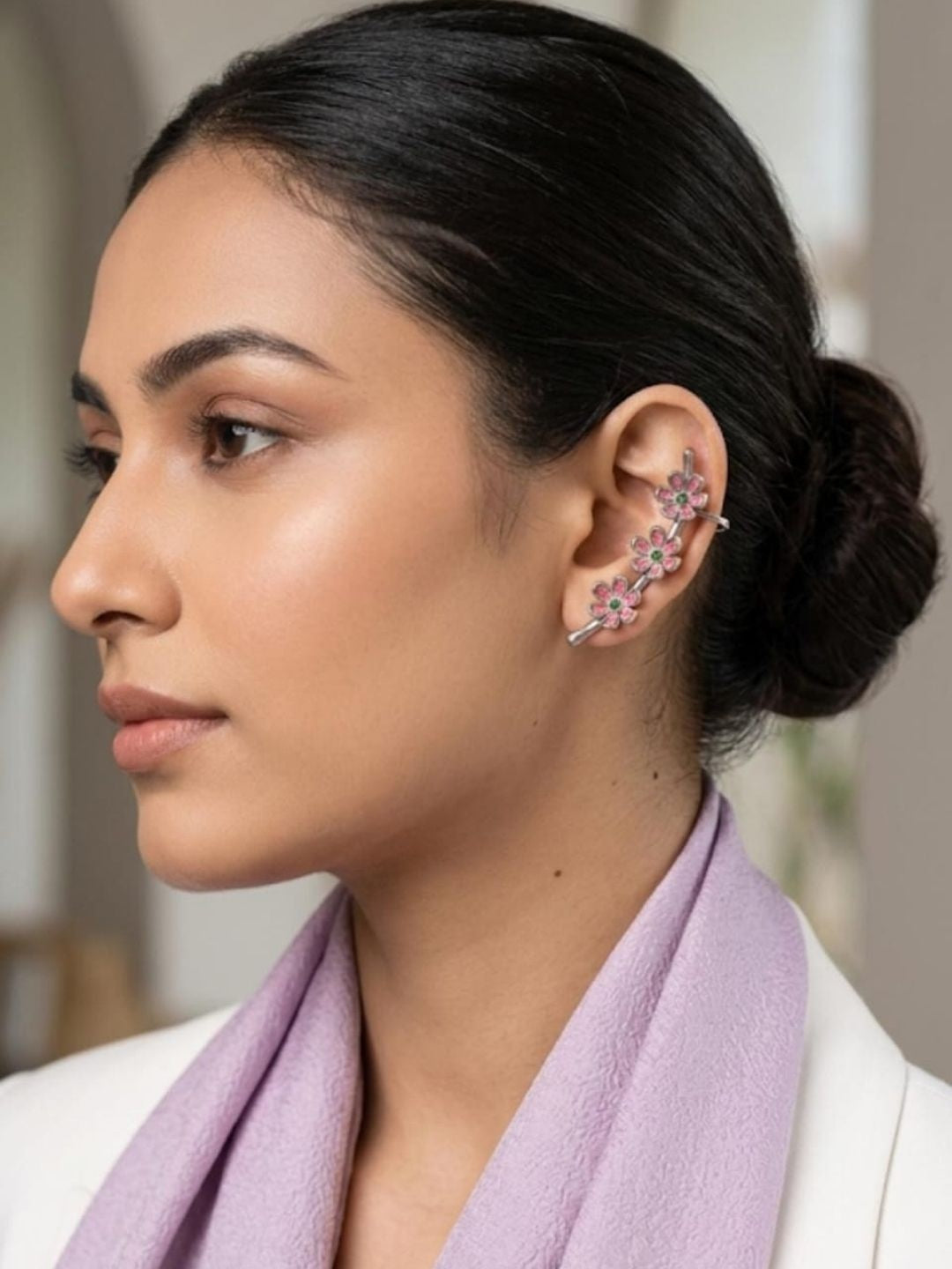Silver Pink Crystal Floral Ear Cuff Climber