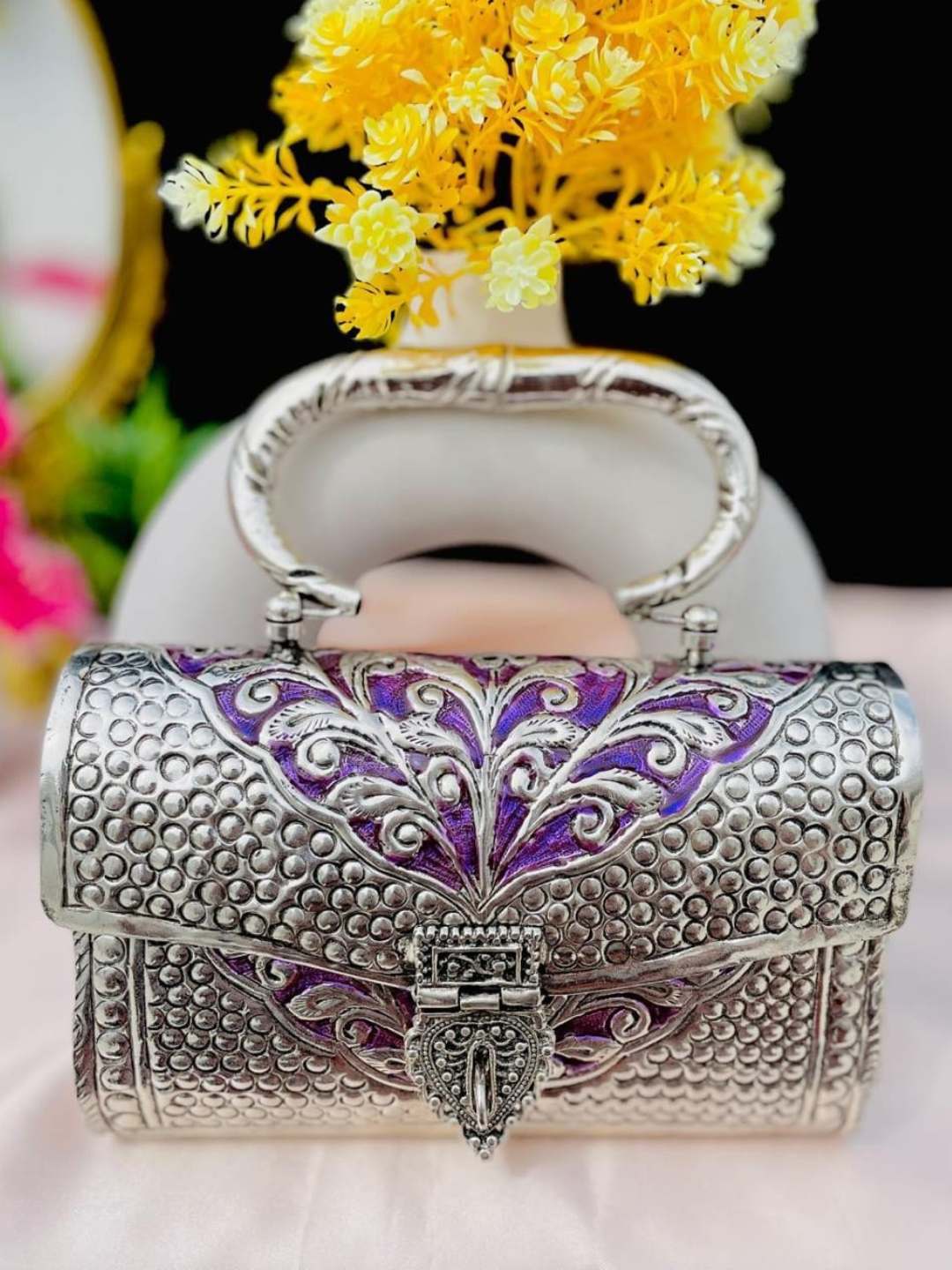 Ishhaara Silver Plated Brass Rectangle Clutch With Meenakari Work