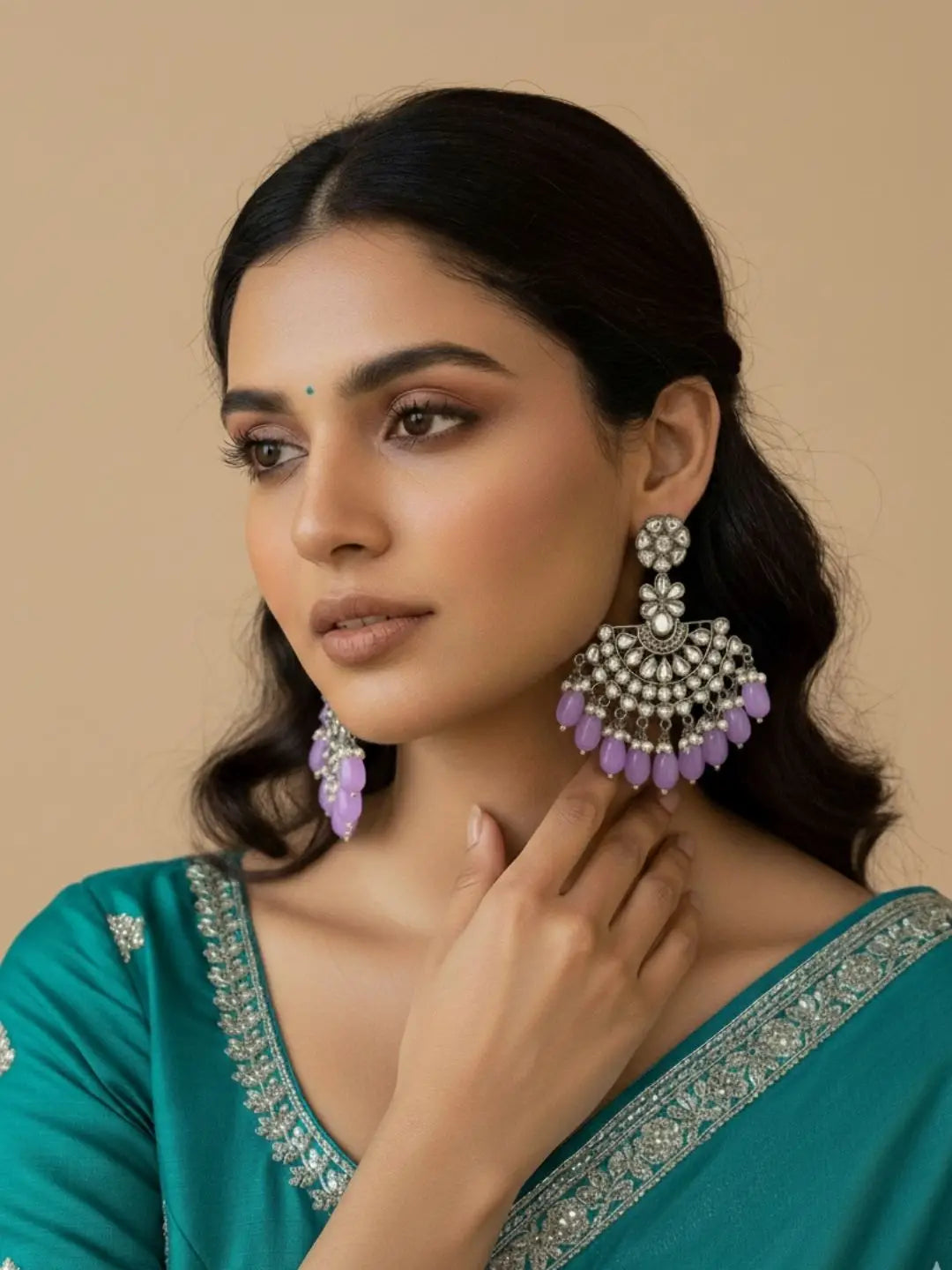 Ishhaara Silver Plated Stone Studded And Beaded Drop Earrings