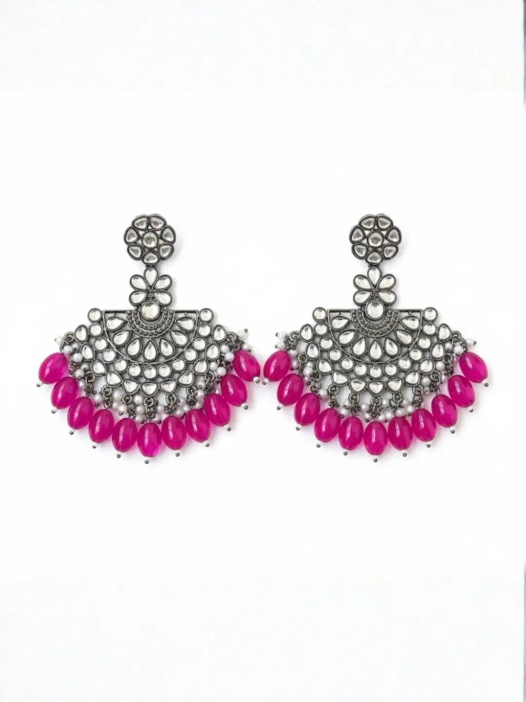 Ishhaara Silver Plated Stone Studded And Beaded Drop Earrings
