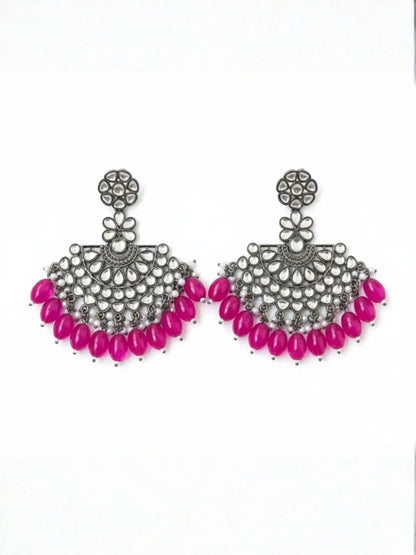 Ishhaara Silver Plated Stone Studded And Beaded Drop Earrings