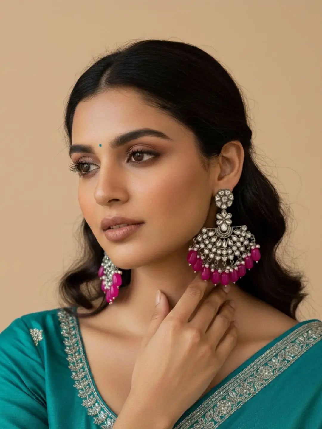 Ishhaara Silver Plated Stone Studded And Beaded Drop Earrings
