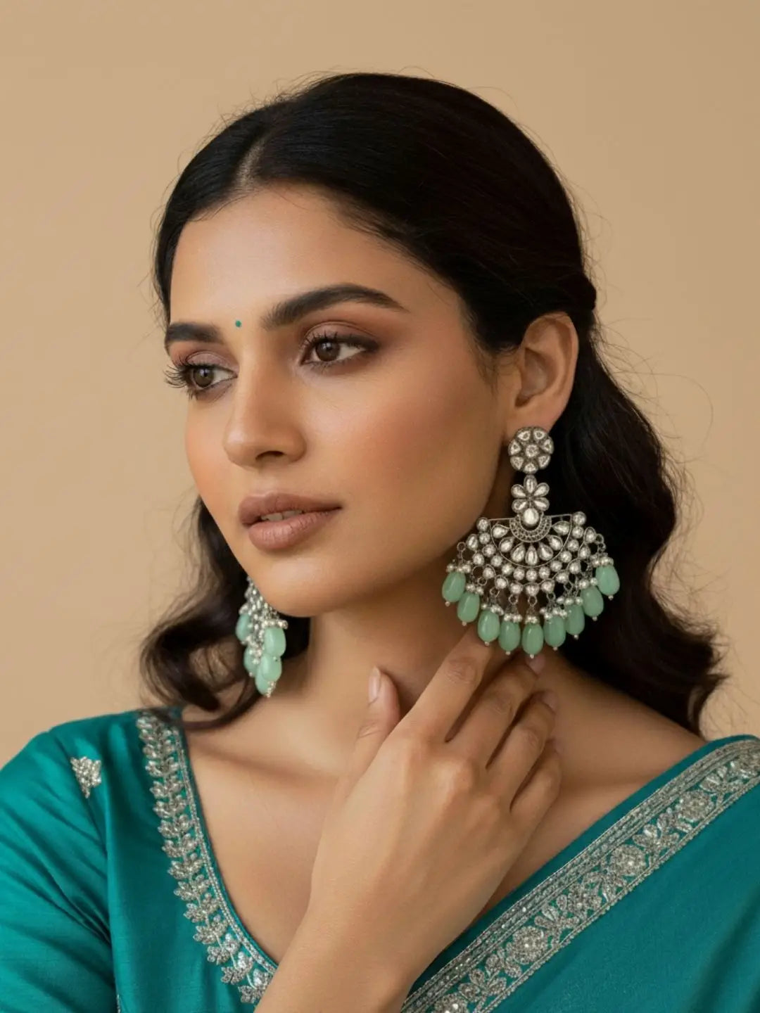 Ishhaara Silver Plated Stone Studded And Beaded Drop Earrings