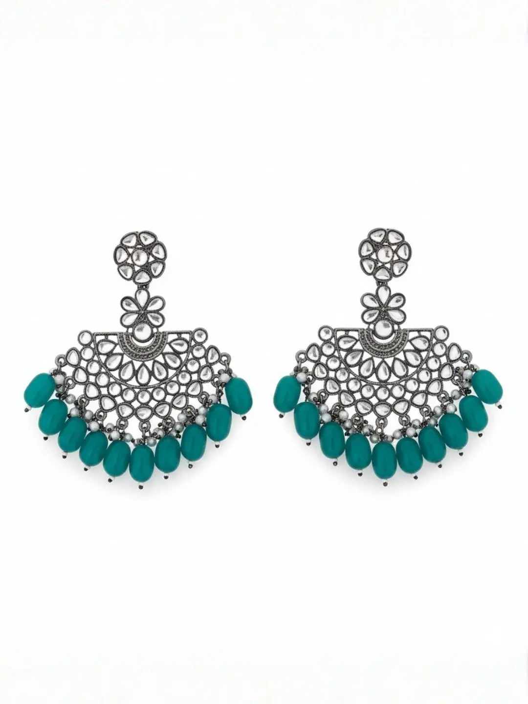 Ishhaara Silver Plated Stone Studded And Beaded Drop Earrings