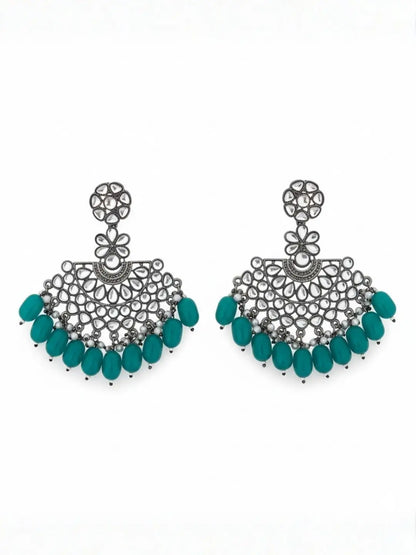 Ishhaara Silver Plated Stone Studded And Beaded Drop Earrings