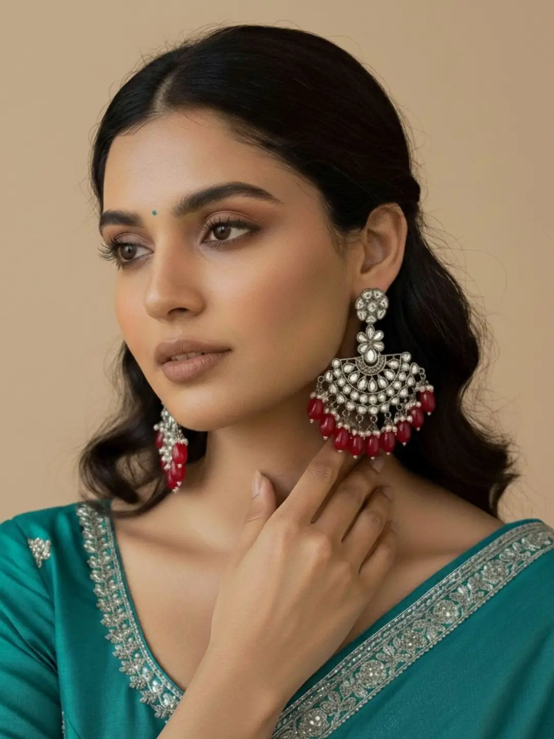 Ishhaara Silver Plated Stone Studded And Beaded Drop Earrings