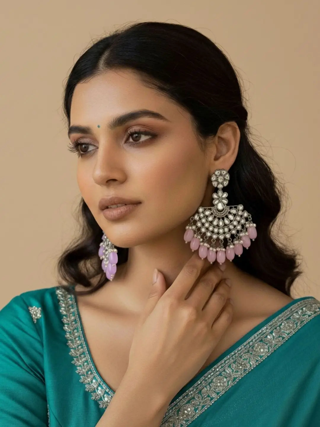 Ishhaara Silver Plated Stone Studded And Beaded Drop Earrings