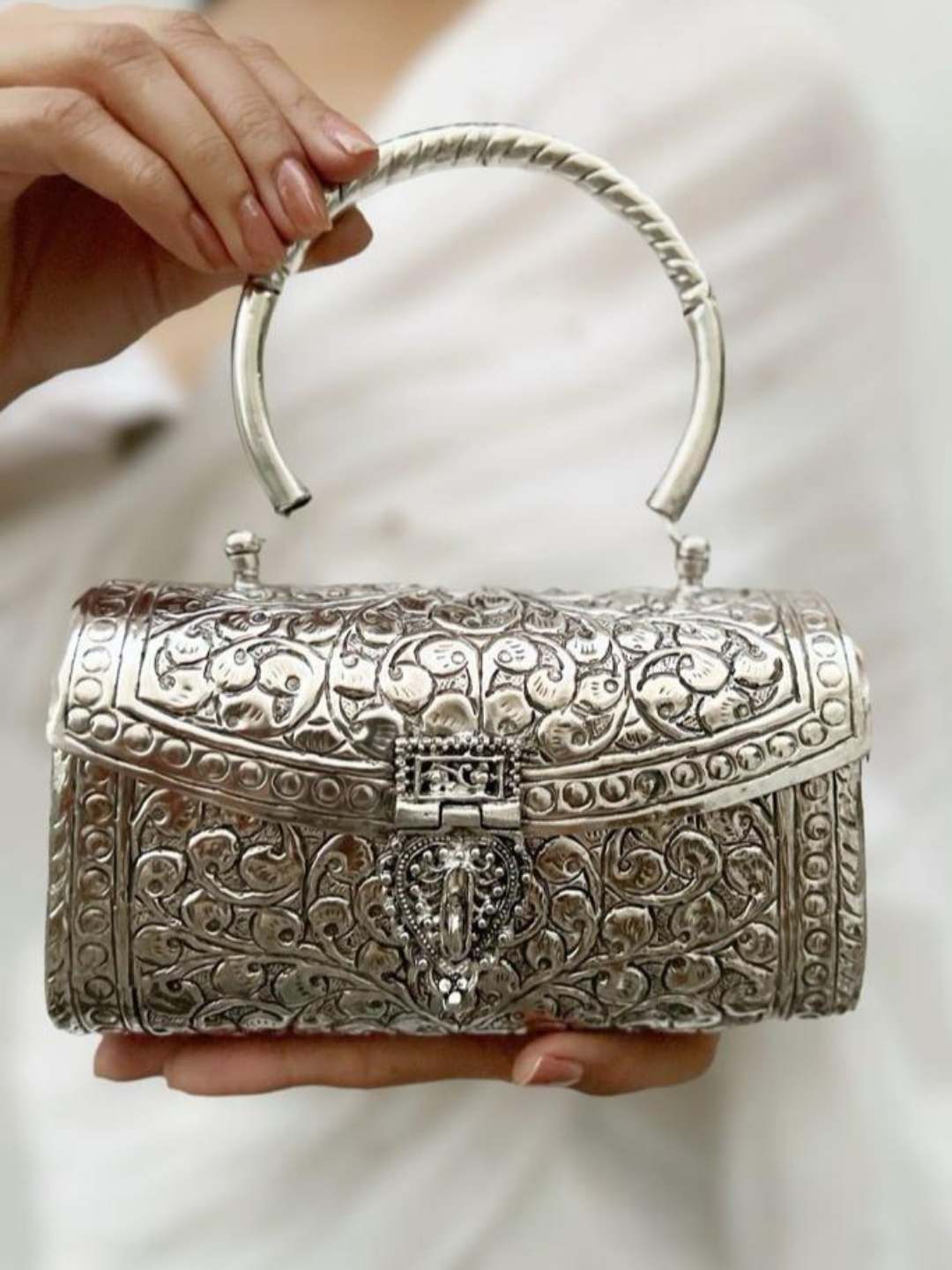 Ishhaara Silver Platted Meenakari Handel Clutch Bag