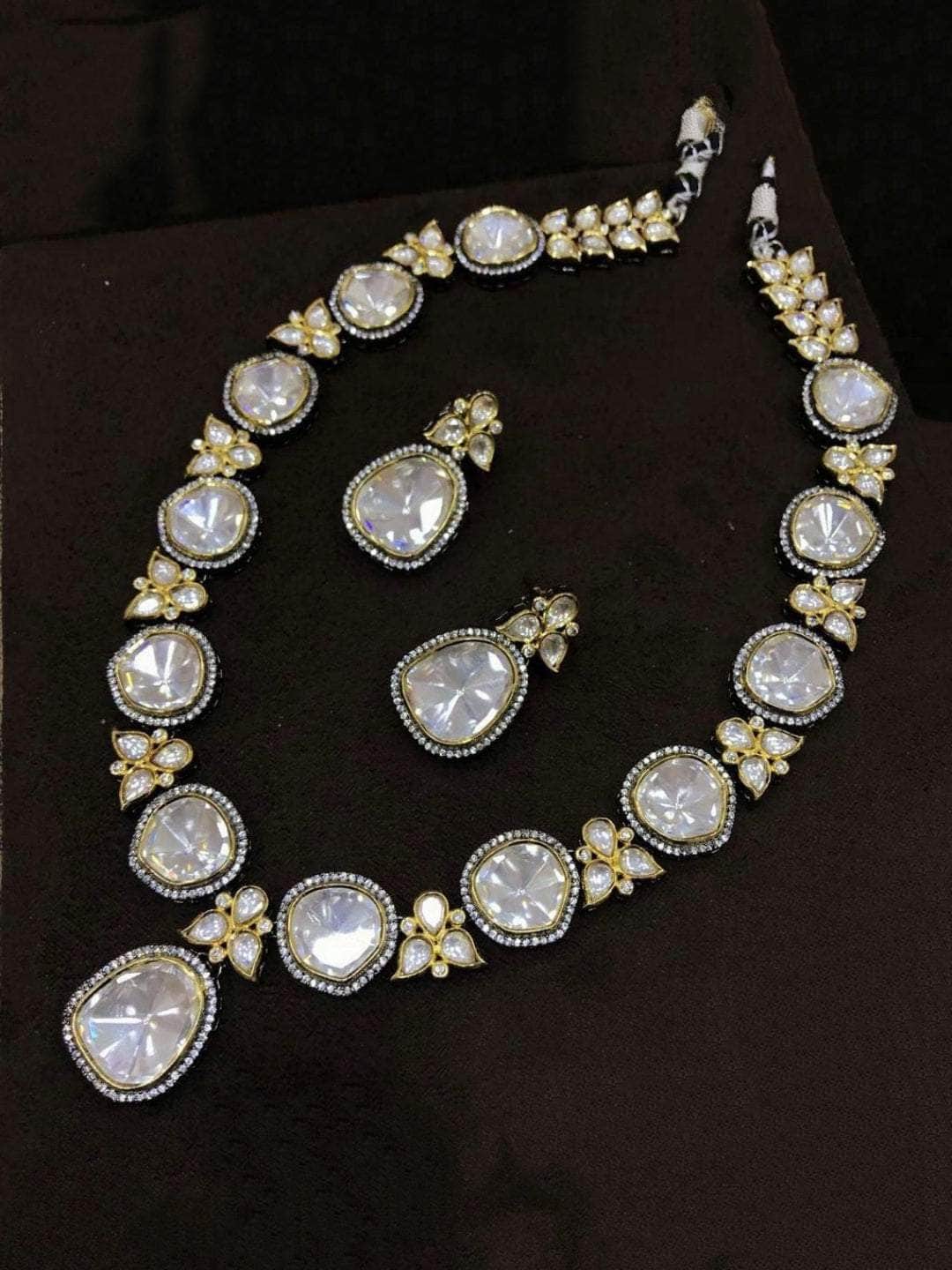 Ishhaara Silver Polki AD Flower Necklace And Earring Set