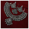 Ishhaara Silver Rodium Drip Pendant Kundan Necklace Earring And Teeka Set
