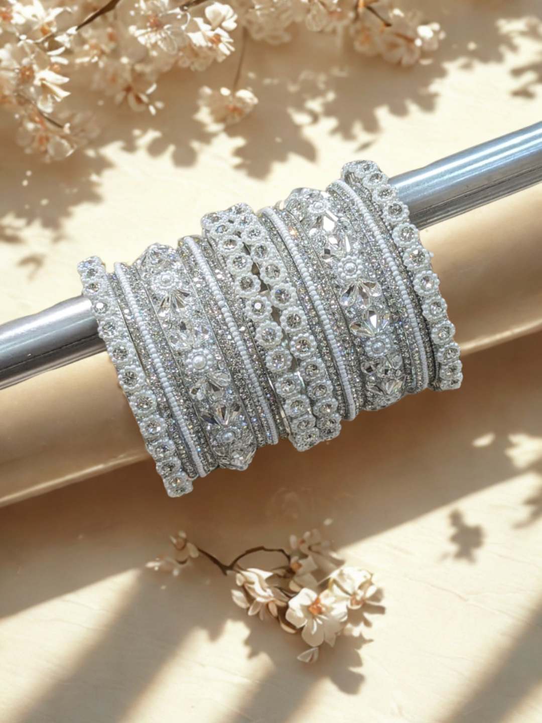 Ishhaara Silver Stone With Moti Bangle Set