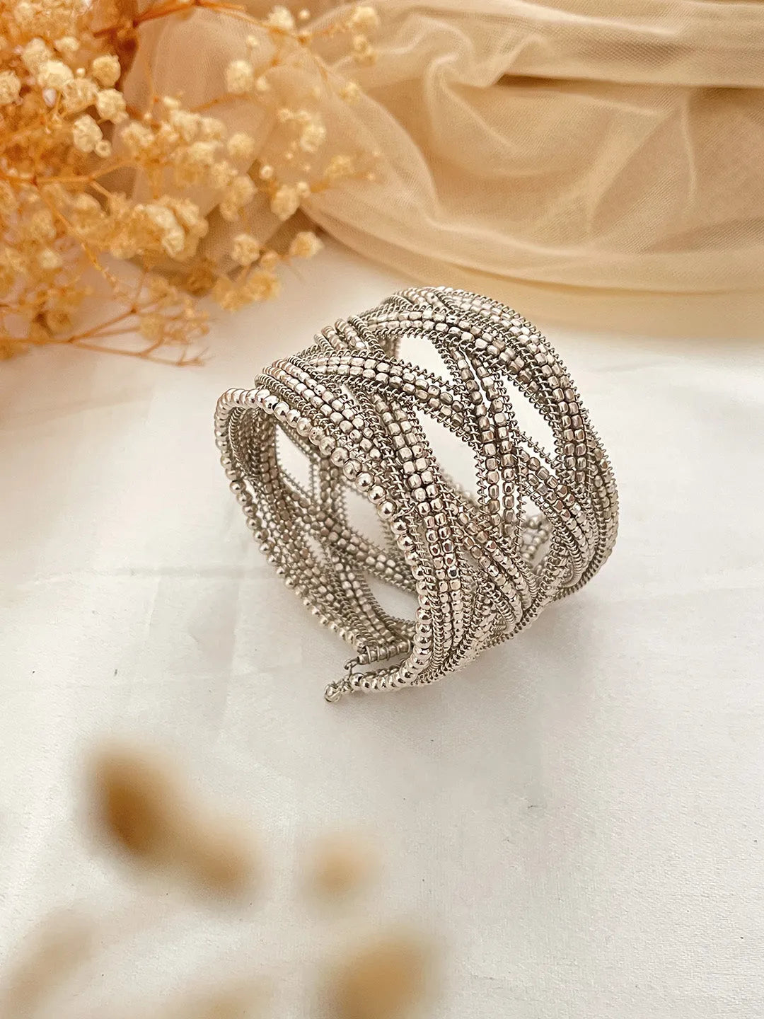 Ishhaara Silver Vintage Beaded Cuff Bracelet